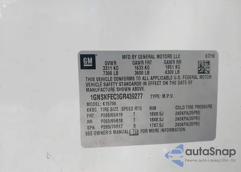 2016 Chevrolet Tahoe Commercial Fleet from USA, damaged, VIN 1GNSKFEC3GR439277